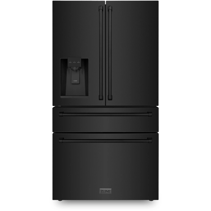 ZLINE 36 inch French Door Refrigerator with Water Dispenser, Ice Maker in Fingerprint Resistant Black Stainless Steel, RFM-W-36-BS