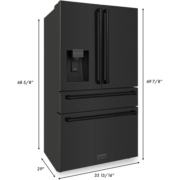 ZLINE 36 inch French Door Refrigerator with Water Dispenser, Ice Maker in Fingerprint Resistant Black Stainless Steel, RFM-W-36-BS