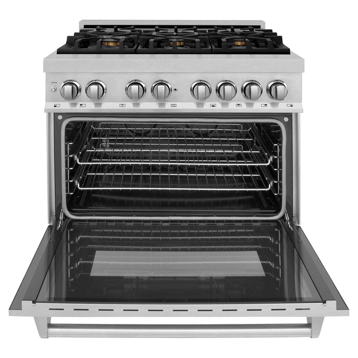 ZLINE 36-Inch Professional 4.6 Cu. Ft. 6 Dual Fuel Range In DuraSnow Stainless Steel With Brass Burners RAS-SN-BR-36