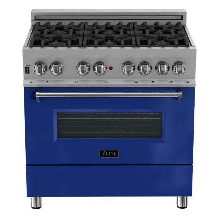 ZLINE 36-Inch Professional Dual Fuel Range In DuraSnow Stainless with Blue Gloss Door RAS-BG-36