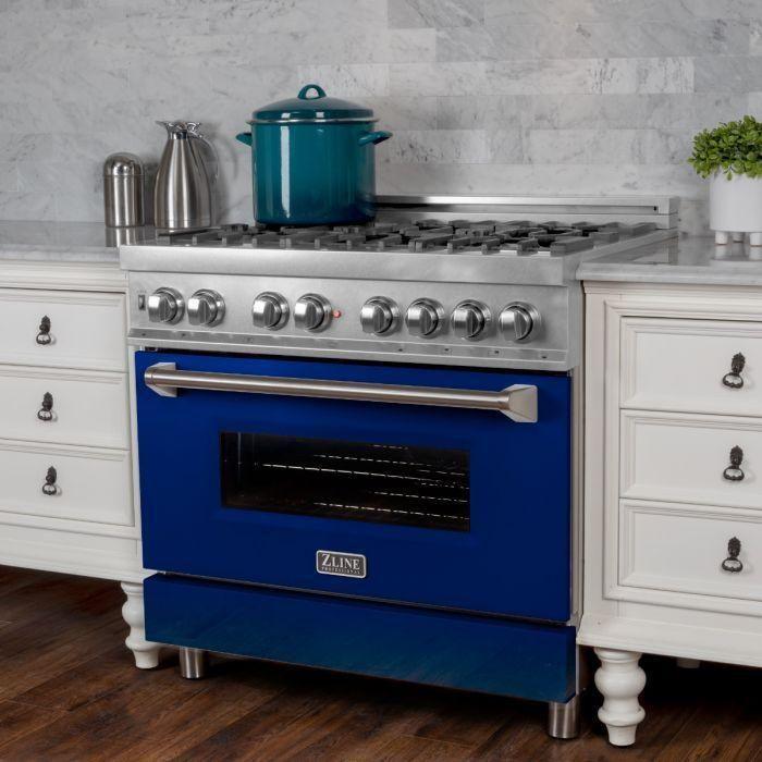 ZLINE 36-Inch Professional Dual Fuel Range In DuraSnow Stainless with Blue Gloss Door RAS-BG-36