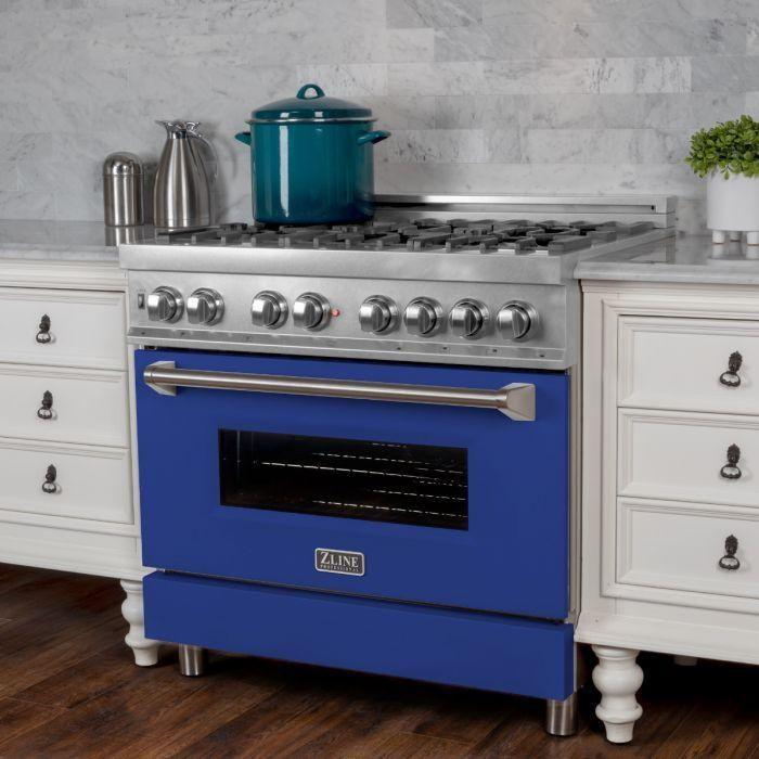 ZLINE 36-Inch Professional Dual Fuel Range In DuraSnow Stainless with Blue Matte Door RAS-BM-36