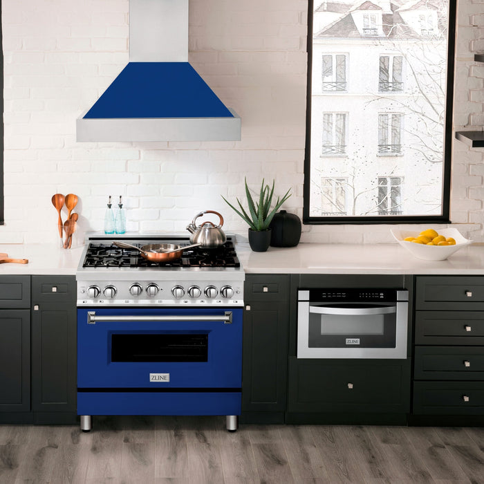 ZLINE 36 inch Professional Gas Range In Stainless Steel with Blue Gloss Door RG-BG-36