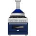 ZLINE 36" Professional Gas Range In DuraSnow with Blue Gloss Matte Door & 36" Range Hood Appliance Package 2KP-RGSBGRH36