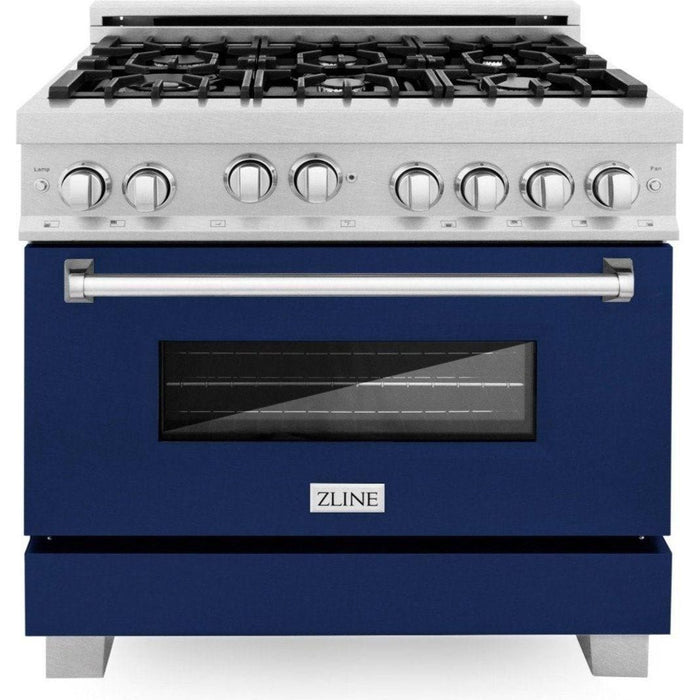 ZLINE 36" Professional Gas Range In DuraSnow with Blue Gloss Matte Door & 36" Range Hood Appliance Package 2KP-RGSBGRH36