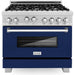 ZLINE 36" Professional Gas Range In DuraSnow with Blue Gloss Matte Door & 36" Range Hood Appliance Package 2KP-RGSBGRH36