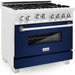 ZLINE 36" Professional Gas Range In DuraSnow with Blue Gloss Matte Door & 36" Range Hood Appliance Package 2KP-RGSBGRH36