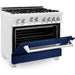 ZLINE 36" Professional Gas Range In DuraSnow with Blue Gloss Matte Door & 36" Range Hood Appliance Package 2KP-RGSBGRH36