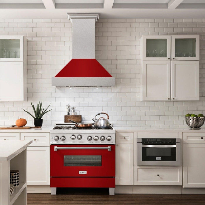 ZLINE 36" Professional Gas Range In DuraSnow with Red Gloss Door & 36" Range Hood Appliance Package 2KP-RGSRGRH36