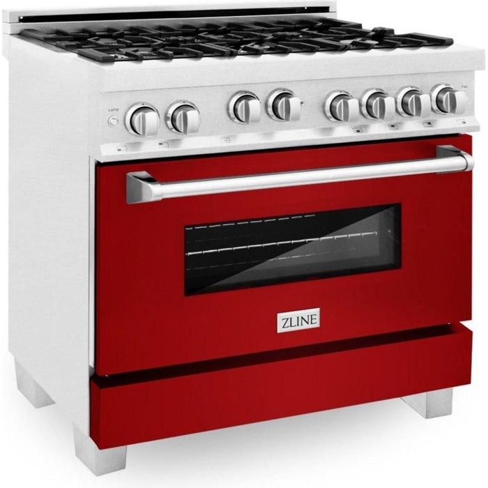 ZLINE 36" Professional Gas Range In DuraSnow with Red Gloss Door & 36" Range Hood Appliance Package 2KP-RGSRGRH36