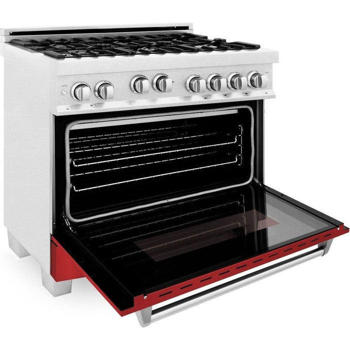 ZLINE 36" Professional Gas Range In DuraSnow with Red Matte Door & 36" Range Hood Appliance Package 2KP-RGSRMRH36