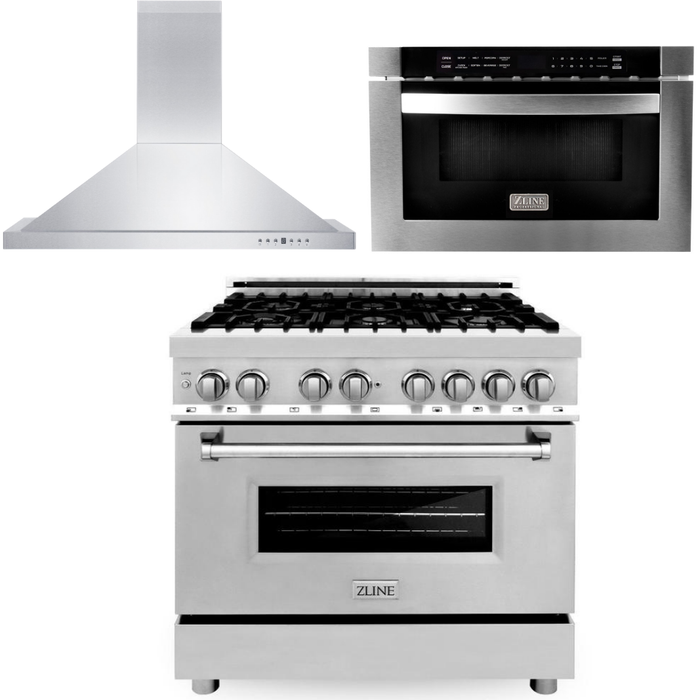 ZLINE 36 Range, 36 Range Hood and Microwave Drawer Appliance Package