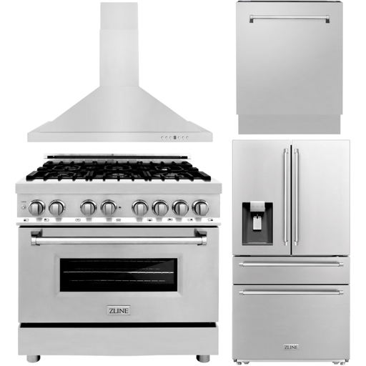 ZLINE 4-Piece Appliance Package - 36 In. Dual Fuel Range, Refrigerator with Water and Ice Dispenser, Range Hood and Dishwasher in Stainless Steel, 4KPRW-RARH36-DWV