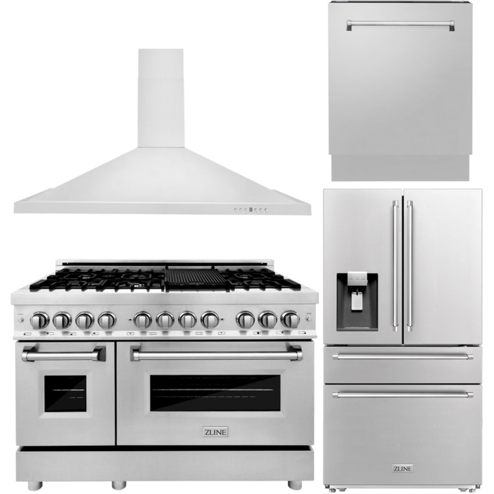 ZLINE 4-Piece Appliance Package - 48 In. Dual Fuel Range, Refrigerator with Water and Ice Dispenser, Range Hood and Dishwasher in Stainless Steel, 4KPRW-RARH48-DWV