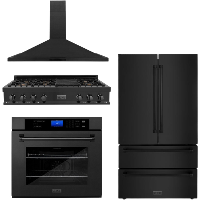 ZLINE 4-Piece Appliance Package - 48 In. Rangetop, Range Hood, Refrigerator, and Wall Oven in Black Stainless Steel, 4KPR-RTBRH48-AWS