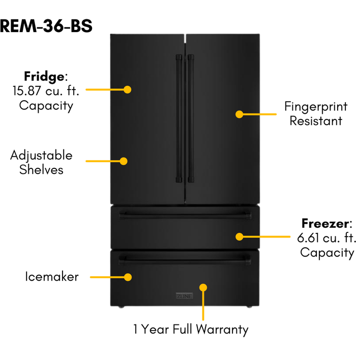 ZLINE 4-Piece Appliance Package - 48 In. Rangetop, Range Hood, Refrigerator, and Wall Oven in Black Stainless Steel, 4KPR-RTBRH48-AWS