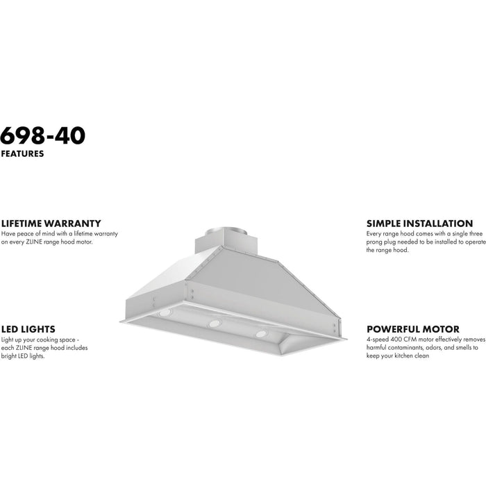 ZLINE 40 in. Width Wall Mount Range Hood Insert (18 in. Depth), 698-40