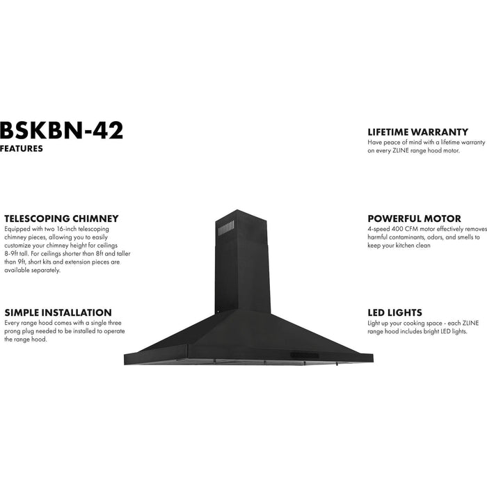 ZLINE 42 in. Convertible Vent Wall Mount Range Hood in Black Stainless Steel, BSKBN-42