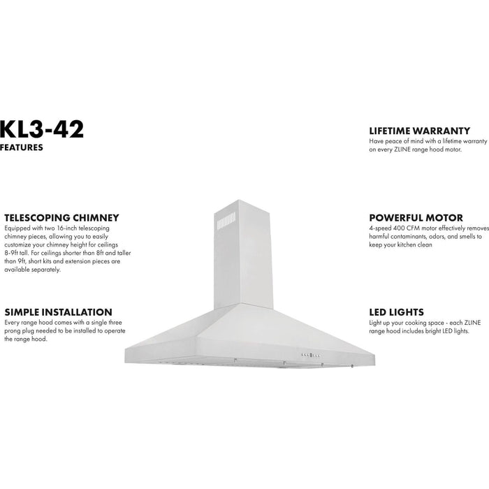 ZLINE 42 in. Convertible Vent Wall Mount Range Hood in Stainless Steel, KL3-42