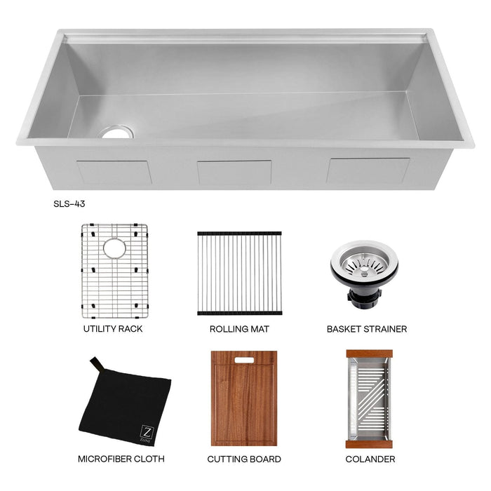 ZLINE 43 in. Garmisch Undermount Single Bowl DuraSnow Stainless Steel Kitchen Sink with Bottom Grid and Accessories SLS-43S