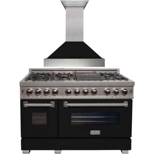 ZLINE 48" Dual Fuel Range with Black Matte Door & 48" Range Hood Appliance Package 2KP-RASBLMRH48