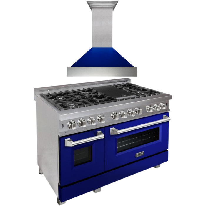 ZLINE 48" Dual Fuel Range with Blue Gloss Door & 48" Range Hood Appliance Package 2KP-RASBGRH48