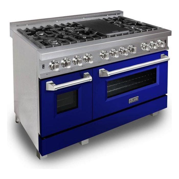 ZLINE 48" Dual Fuel Range with Blue Gloss Door & 48" Range Hood Appliance Package 2KP-RASBGRH48