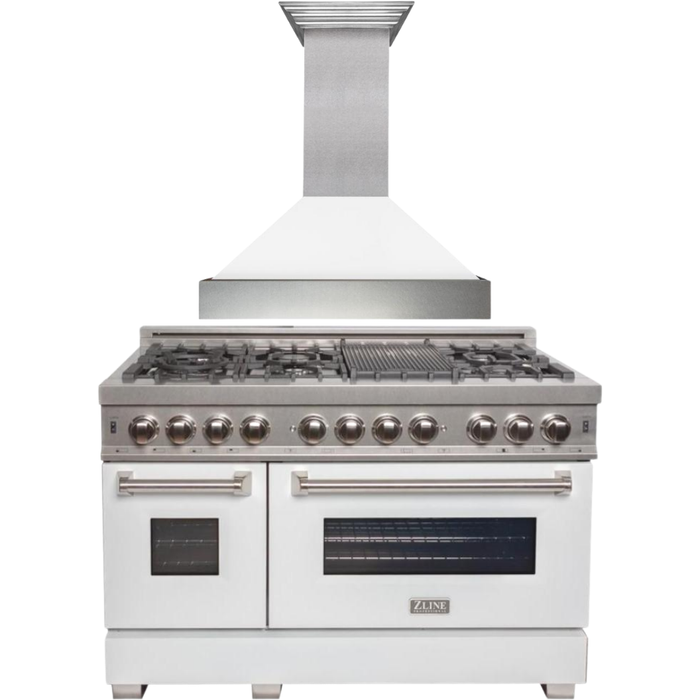 ZLINE 48" Dual Fuel Range with White Matte Gloss Door & 48" Range Hood Appliance Package 2KP-RASWMRH48