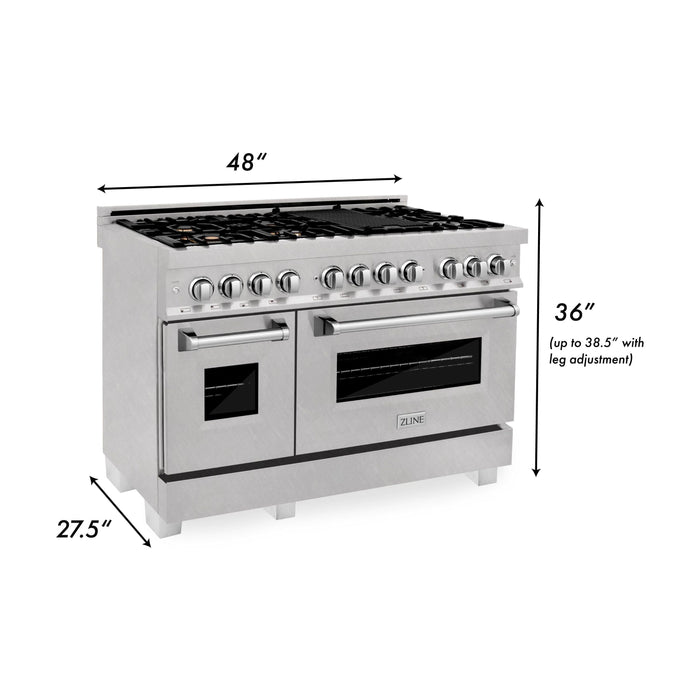 ZLINE 48 In. 6.0 cu. ft. Gas Burner, Electric Oven with Griddle and Brass Burners in DuraSnow® Stainless Steel, RAS-SN-BR-GR-48