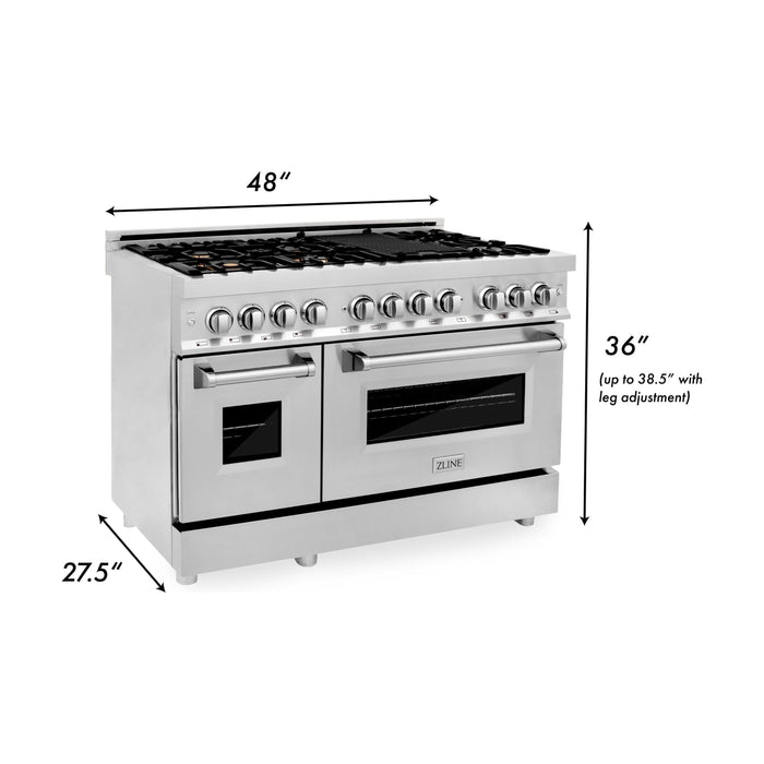 ZLINE 48 In. 6.0 cu. ft. Gas Burner, Electric Oven with Griddle and Brass Burners in Stainless Steel, RA-BR-GR-48