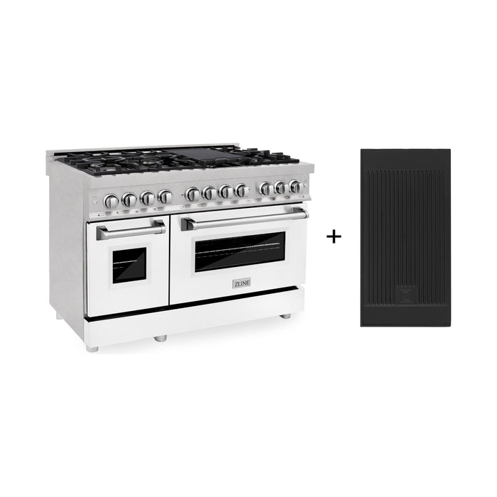 ZLINE 48 In. 6.0 cu. ft. Gas Burner, Electric Oven with Griddle and White Matte Door in DuraSnow® Stainless Steel, RAS-WM-GR-48