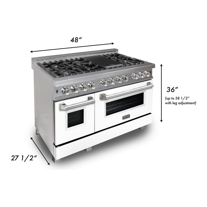 ZLINE 48 In. 6.0 cu. ft. Gas Burner, Electric Oven with Griddle and White Matte Door in DuraSnow® Stainless Steel, RAS-WM-GR-48