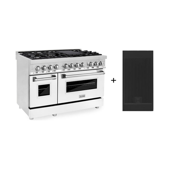 ZLINE 48 In. 6.0 cu. ft. Gas Burner, Electric Oven with Griddle and White Matte Door in Stainless Steel, RA-WM-GR-48