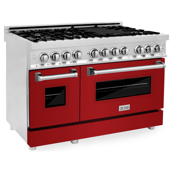 ZLINE 48 In. 6.0 cu. ft. Range with Gas Stove and Gas Oven in DuraSnow® Stainless Steel with Red Gloss Doors, RGS-RG-48