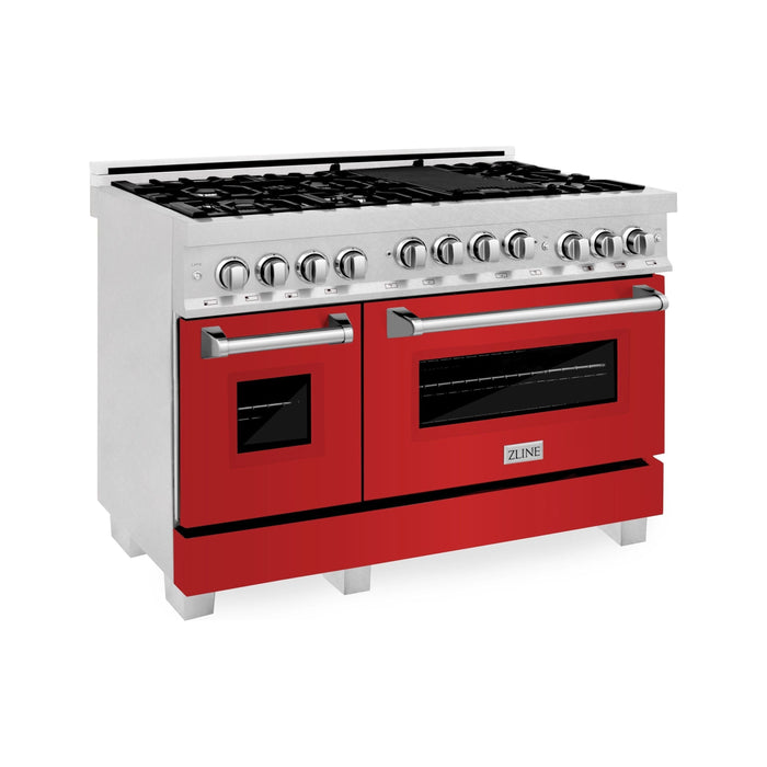 ZLINE 48 In. 6.0 cu. ft. Range with Gas Stove and Gas Oven in DuraSnow® Stainless Steel with Red Matte Doors, RGS-RM-48