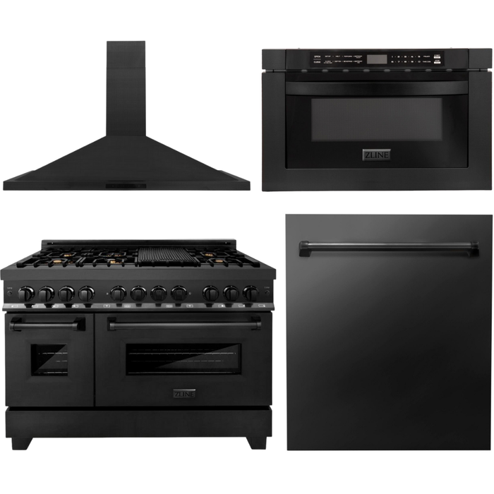 ZLINE 48 in. Black Stainless Steel Dual Fuel Range with Brass Burners, Range Hood, Microwave and Dishwasher Appliance Package