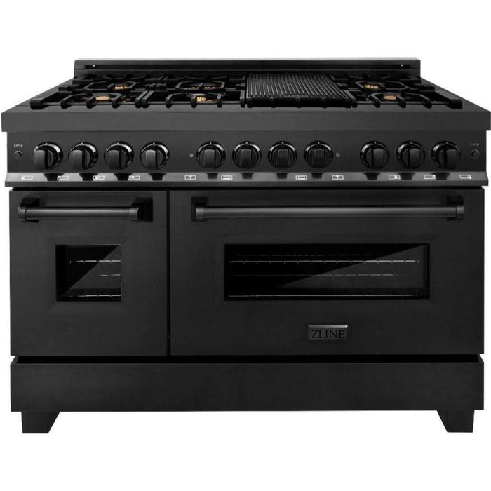 ZLINE 48 in. Black Stainless Steel Dual Fuel Range with Brass Burners, Range Hood, Microwave and Dishwasher Appliance Package