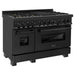 ZLINE 48 in. Black Stainless Steel Dual Fuel Range with Brass Burners, Range Hood, Microwave and Dishwasher Appliance Package