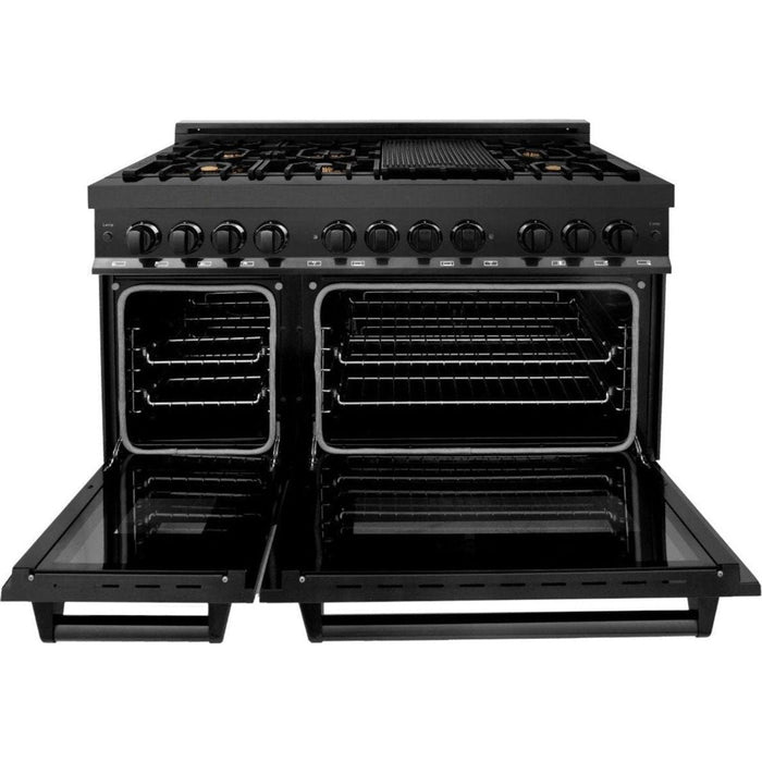 ZLINE 48 in. Black Stainless Steel Dual Fuel Range with Brass Burners, Range Hood, Microwave and Dishwasher Appliance Package