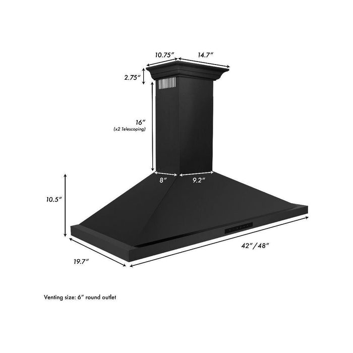 ZLINE 48 in. Convertible Vent Wall Mount Range Hood In Black Stainless Steel with Crown Molding BSKBNCRN-48