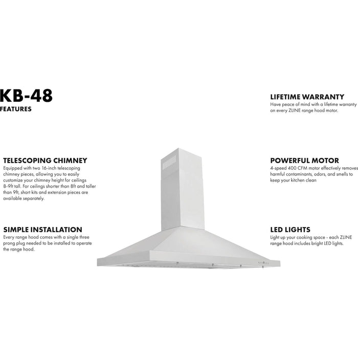 ZLINE 48 in. Convertible Vent Wall Mount Range Hood in Stainless Steel, KB-48