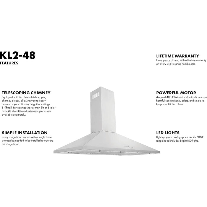 ZLINE 48 in. Convertible Vent Wall Mount Range Hood in Stainless Steel, KL2-48