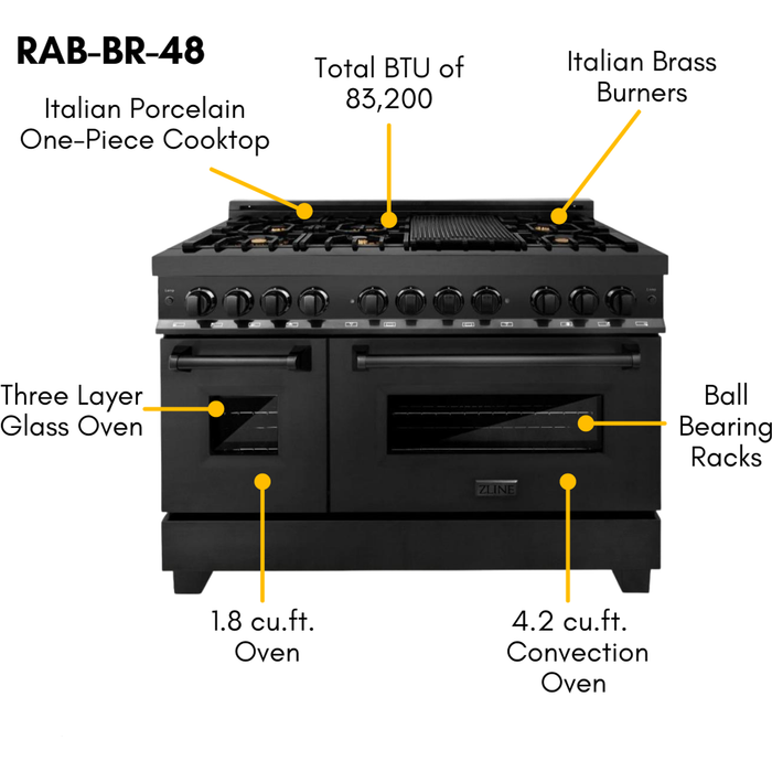 ZLINE 48 In. Dual Fuel Range In Black Stainless Steel & 48" Range Hood Appliance Package 2KP-RABRH48