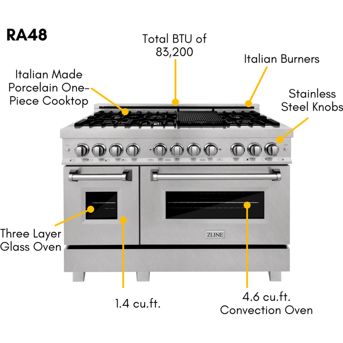 ZLINE 48 in. Dual Fuel Range, Range Hood and Microwave Drawer Appliance Package 3KP-RARH48-MW