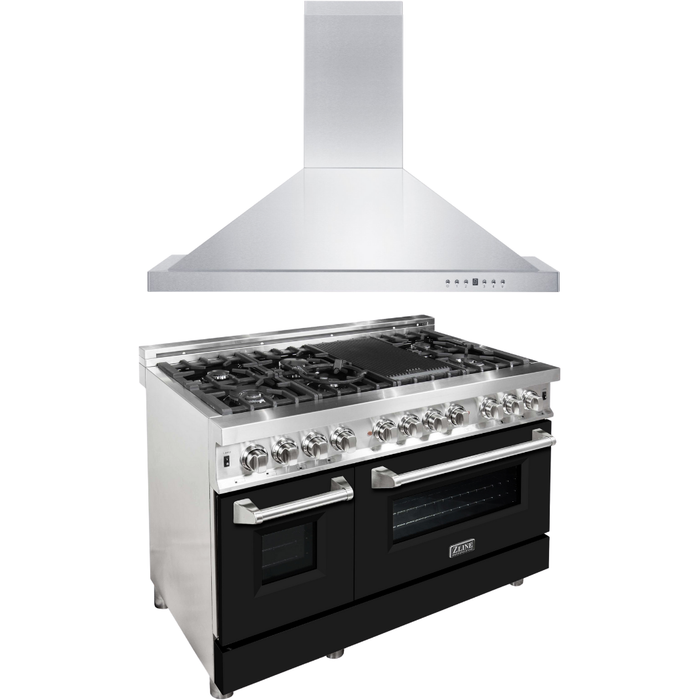 ZLINE 48 in. Dual Fuel Range with Black Matte Door and 48 in. Range Hood Appliance Package 2KP-RABLMRH48