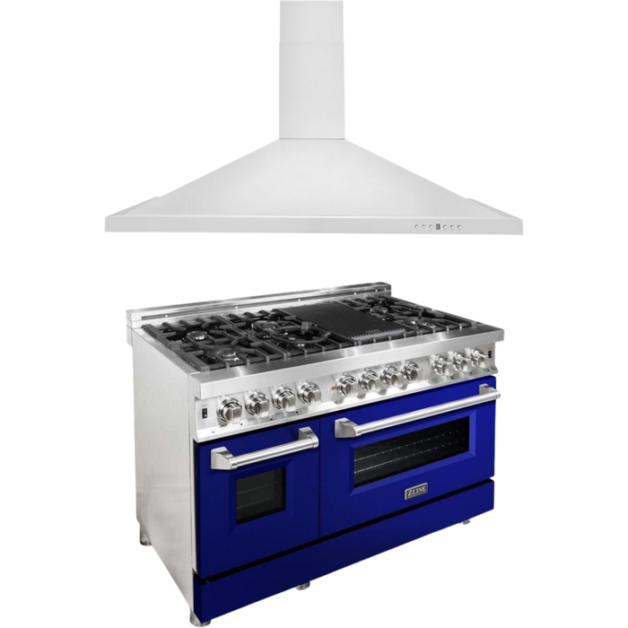 ZLINE 48 in. Dual Fuel Range with Blue Gloss Door & 48 in. Range Hood Appliance Package 2KP-RABGRH48