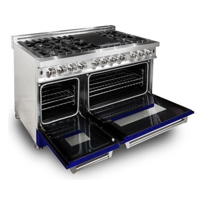 ZLINE 48 in. Dual Fuel Range with Blue Gloss Door & 48 in. Range Hood Appliance Package 2KP-RABGRH48