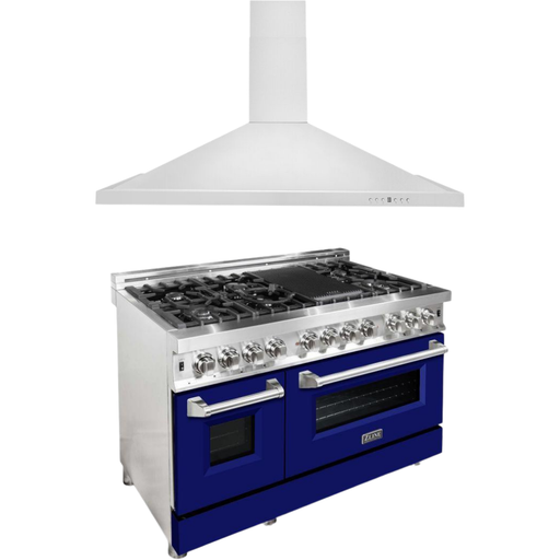 ZLINE 48 in. Dual Fuel Range with Blue Matte Door & 48 in. Range Hood Appliance Package 2KP-RABMRH48