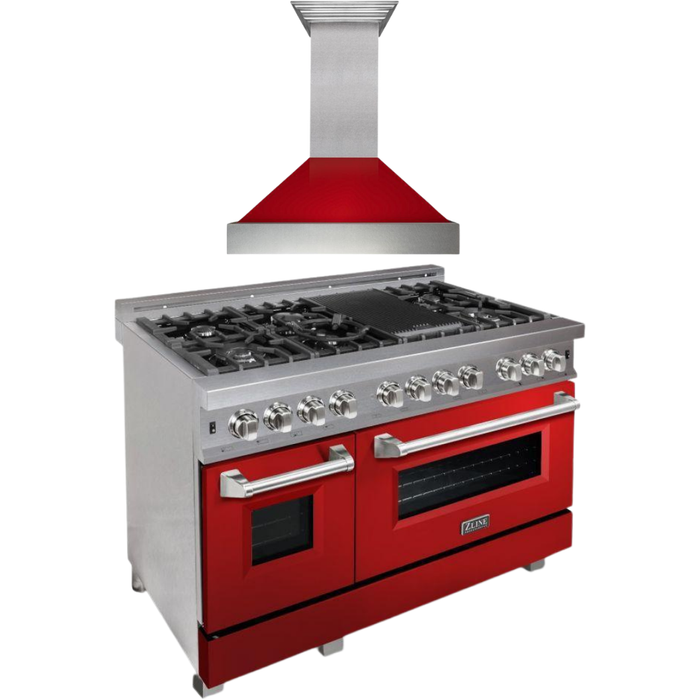 ZLINE 48 in. Dual Fuel Range with Red Gloss Door & 48 in. Range Hood Appliance Package 2KP-RASRGRH48