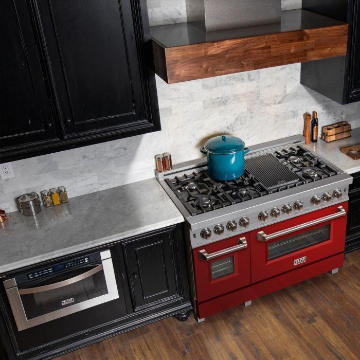 ZLINE 48 in. Dual Fuel Range with Red Gloss Door & 48 in. Range Hood Appliance Package 2KP-RASRGRH48